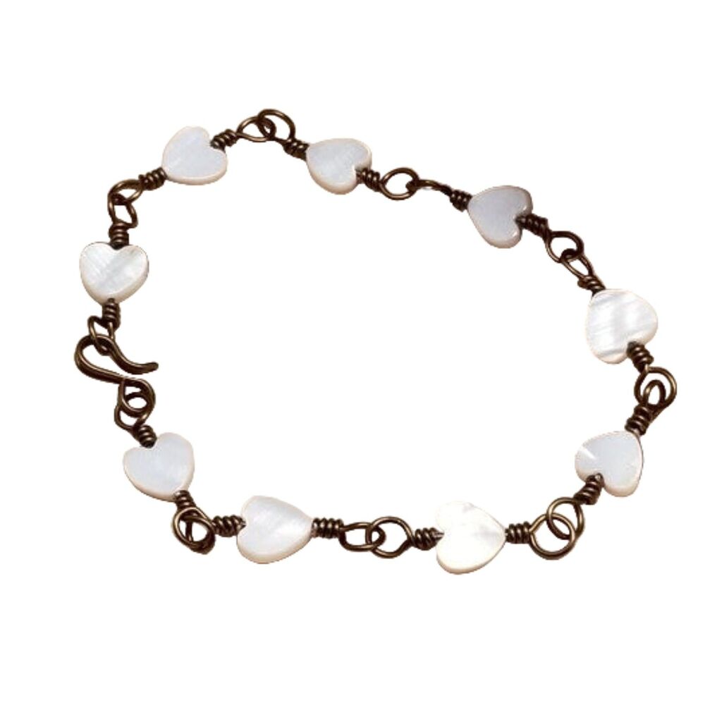 Mother of Pearl Heart Bracelet • Vintage Wire Wrapped Dainty Jewelry